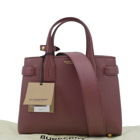 BURBERRY Banner Small House Check Leather Tote Shoulder Bag Maroon - Picture 3 of 14